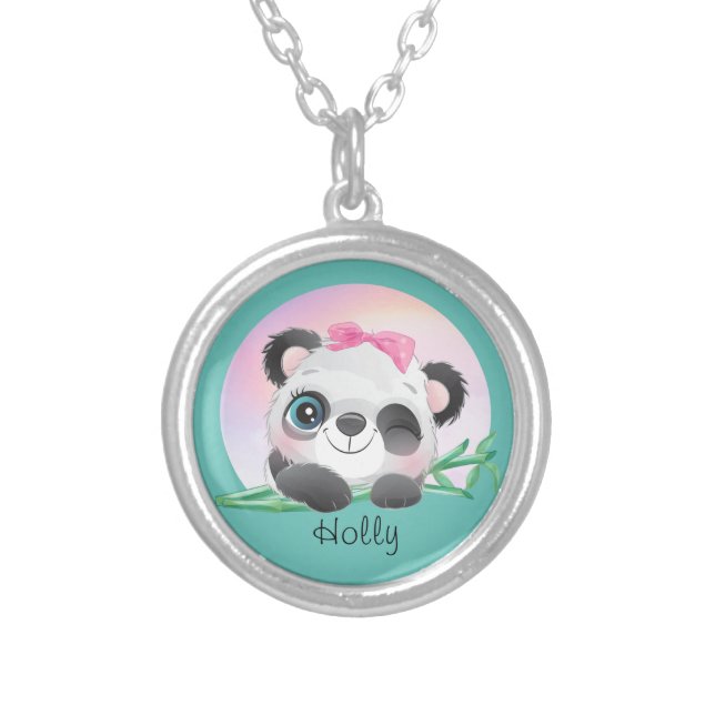Cute Animal Friendly Panda Bamboo         Silver Plated Necklace (Front)