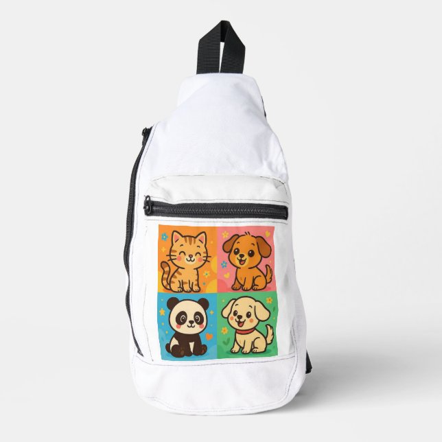Cute Animal Friends Backpack – Cat, Dogs & Panda C Sling Bag (Front)
