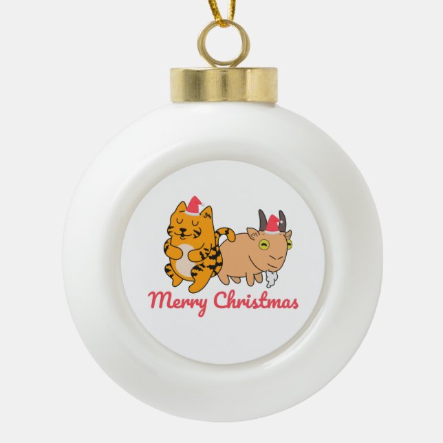 Cute Animal Friends Ceramic Ball Christmas Ornament (Front)