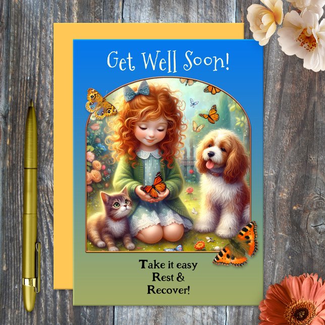 Cute Animal Friends Get Well Soon Card (Cute Get Well Soon card featuring a painting of a girl with butterflies, a cute kitty and dog)