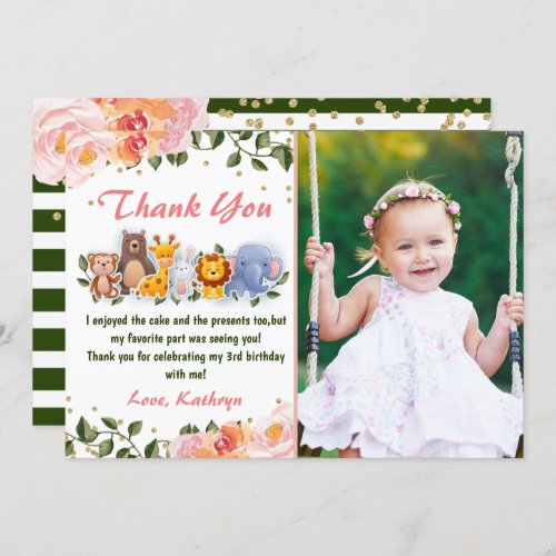 Cute Animal Friends Pink Floral Birthday Photo Thank You Card