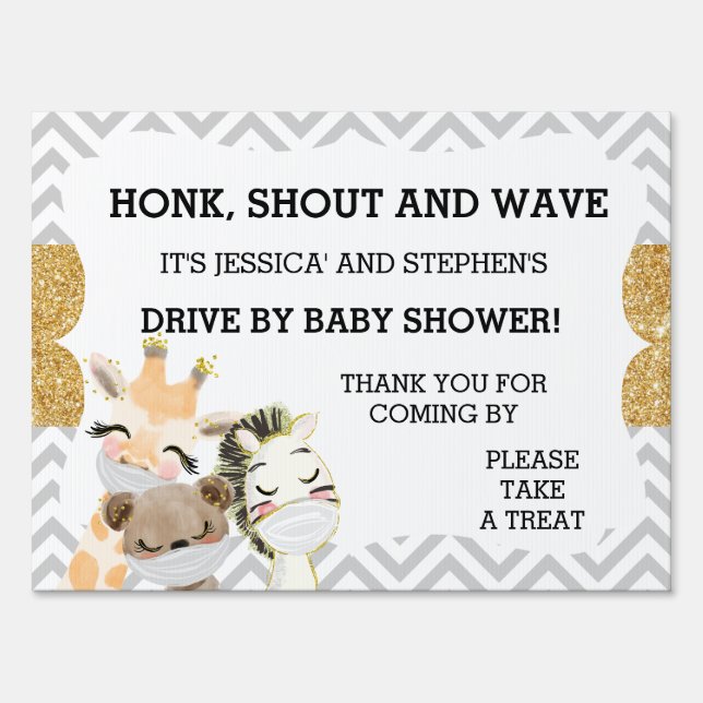 Cute Animal Gold Drive By Baby Shower Chevron Sign (Front)