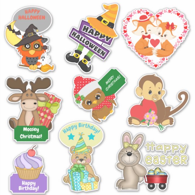 Cute Animal Holiday Assortment Sticker (Front)