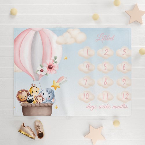 Cute animal hot air balloon milestone baby blanket