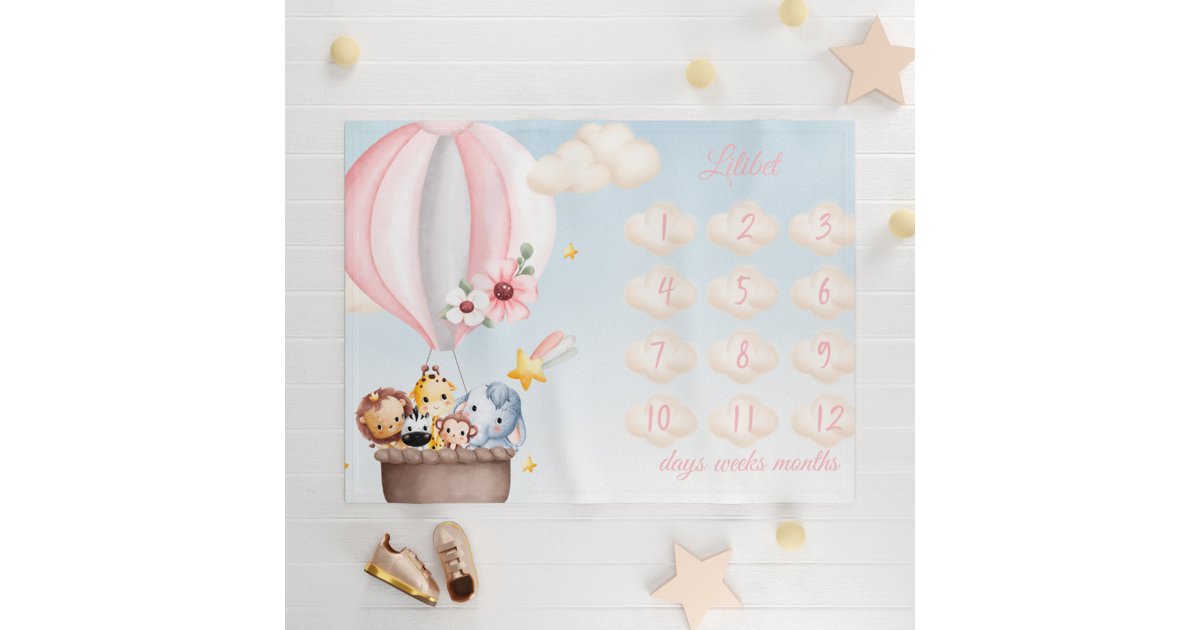 Cute animal hot air balloon milestone baby blanket | Zazzle