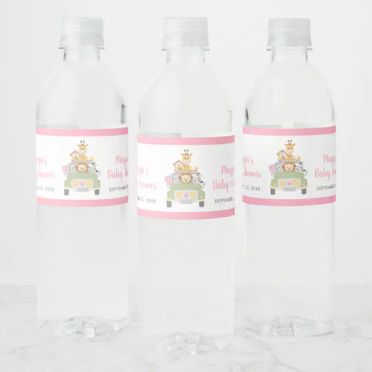 Cute Animal Jungle Safari Pink Baby Girl Shower Water Bottle Label |  Zazzle.com