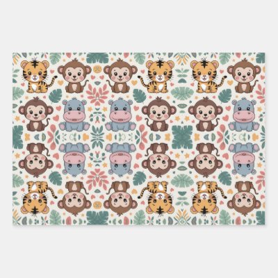Cute animal pattern features monkeys wrapping paper sheets