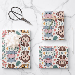 Cute animal pattern features monkeys wrapping paper sheets