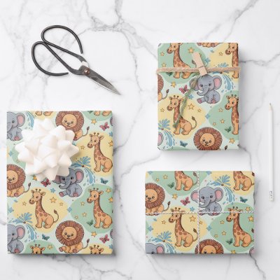Cute animal pattern featuring lions, giraffes wrapping paper sheets