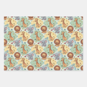 Cute animal pattern featuring lions, giraffes wrapping paper sheets