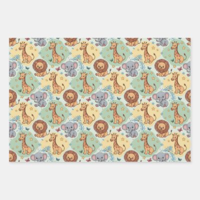 Cute animal pattern featuring lions, giraffes wrapping paper sheets