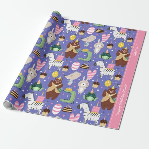 Cute Animal Pattern Happy Birthday Custom Text Wrapping Paper
