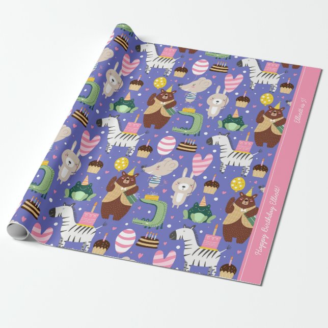 Cute Animal Pattern Happy Birthday Custom Text Wrapping Paper (Unrolled)