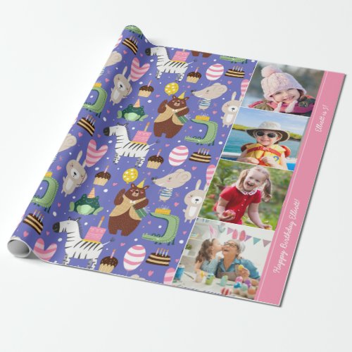 Cute Animal Pattern Happy Birthday Text  Photo Wrapping Paper