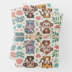 Cute animal pattern with monkeys, tigers wrapping paper sheets