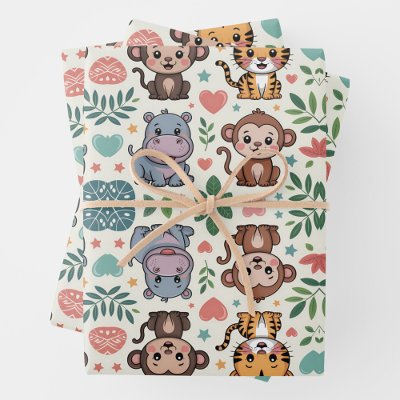 Cute animal pattern with monkeys, tigers wrapping paper sheets