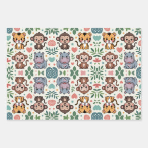 Cute animal pattern with monkeys, tigers wrapping paper sheets