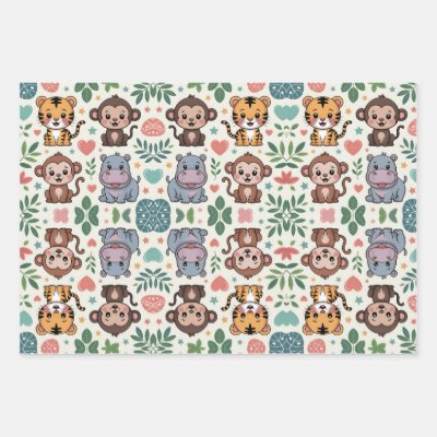 Cute animal pattern with monkeys, tigers wrapping paper sheets
