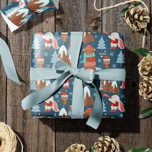 Cute Animal Pattern with Name Blue Christmas Wrapping Paper