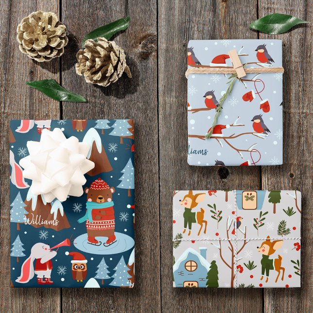 Cute Animal Pattern with Name Blue Christmas Wrapping Paper Sheets (Creator Uploaded)