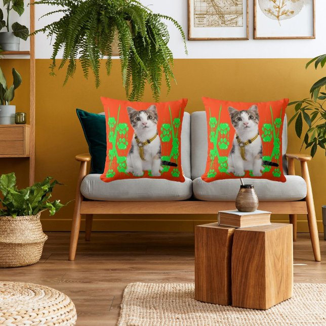 Cute Animal Pet Cat Cool Lime And Orange Modern Throw Pillow (Creator Uploaded)