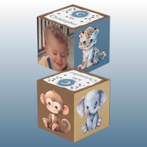 Cute animal photo name for nursery blue brown cube