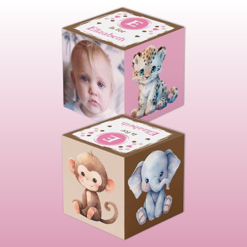 Cute animal photo name for nursery pink brown cube