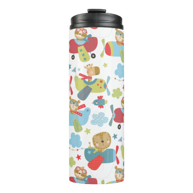 Cute Animal Pilot Flying Planes Whimsical Pattern Thermal Tumbler (Front)