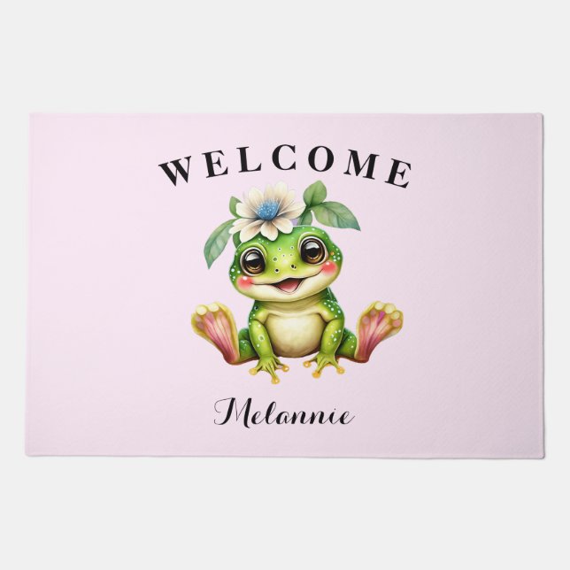 Cute Animal Pink Stripes Polka Frog Welcome Doormat (Front)