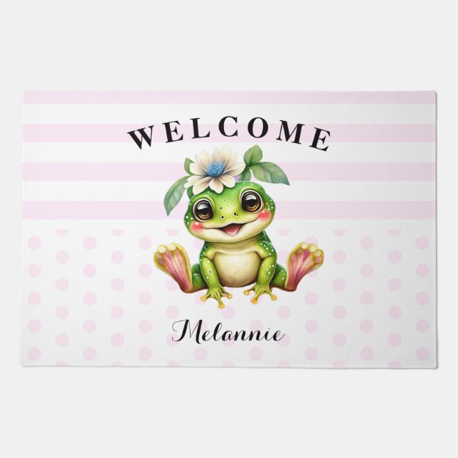 Cute Animal Pink Stripes Polka Frog Welcome Doormat (Front)