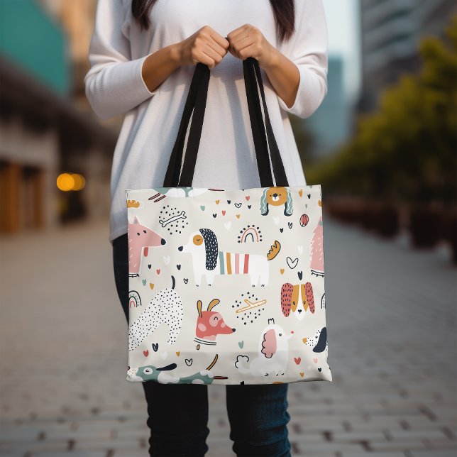 Cute Animal Print Tote Bag, Colorful Dog Pattern (Creator Uploaded)