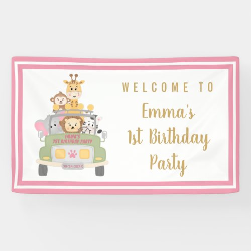 Cute Animal Safari 1st Birthday Party Pink Welcome Banner