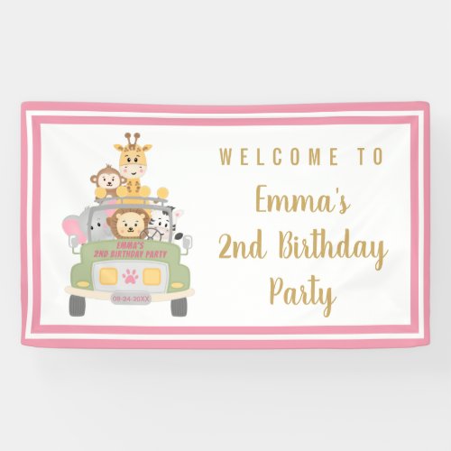 Cute Animal Safari 2nd Birthday Party Pink Welcome Banner