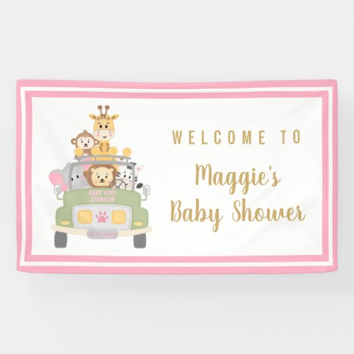 Cute Animal Safari Pink Baby Girl Shower Welcome Banner