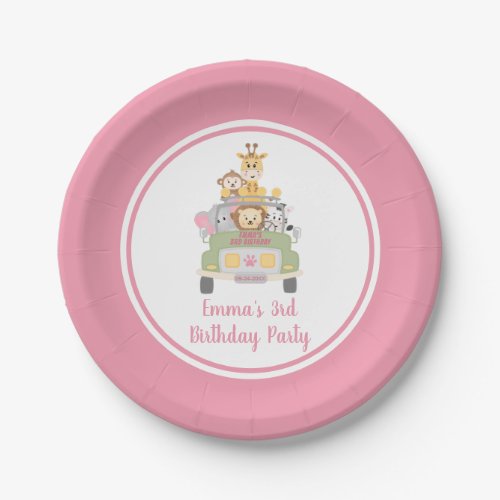 Cute Animal Safari Pink Girls 3rd Birthday Party Paper Plates