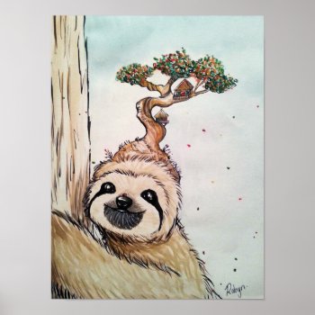 Cute Animal Sloth With Bonsai Tree House Poster by CloudCatDesigns at Zazzle