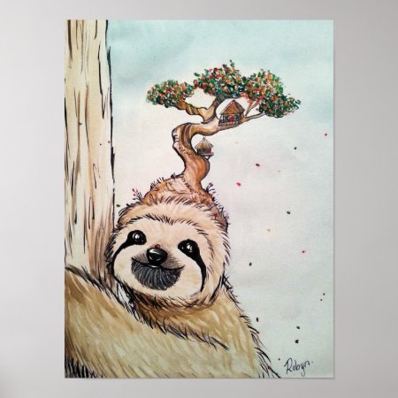 Cute Animal Sloth With Bonsai Tree House Poster