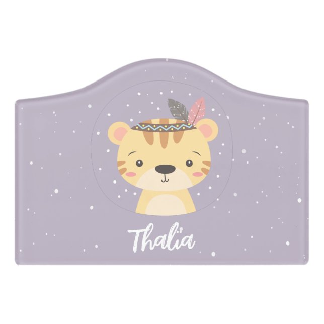 Cute Animal Tiger Personalized Name Purple Door Sign (Small Crest Front)