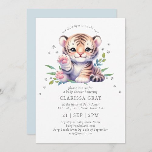 Cute Animal Tiger Stars Blue Baby Shower Invitation