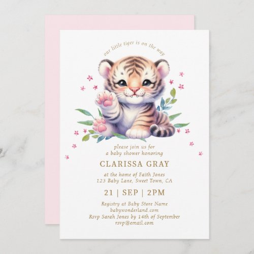 Cute Animal Tiger Stars Blush Pink Baby Shower Invitation