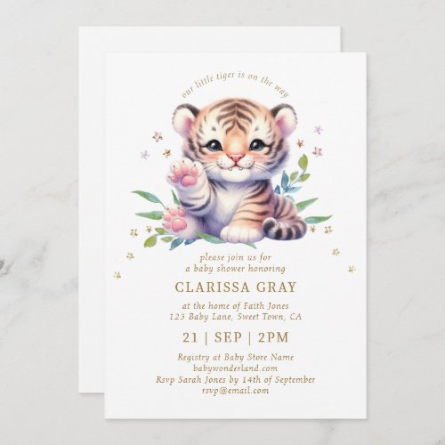 Cute Animal Tiger Stars White Baby Shower Invitation