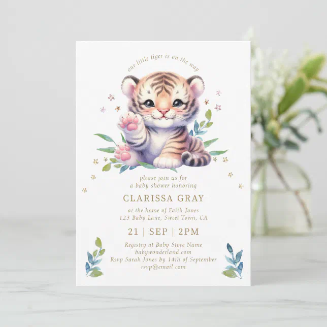 Cute Animal Tiger Stars White Baby Shower Invitation | Zazzle