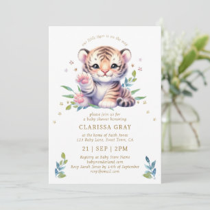 Cute Animal Tiger Stars White Baby Shower Invitation