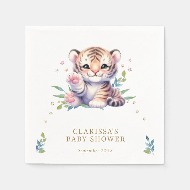 Cute Animal Tiger Stars White Baby Shower Napkins (Front)