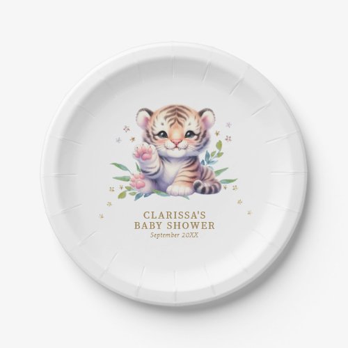 Cute Animal Tiger Stars White Baby Shower Paper Plates
