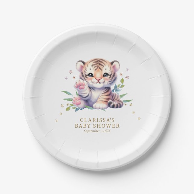 Cute Animal Tiger Stars White Baby Shower Paper Plates (Front)