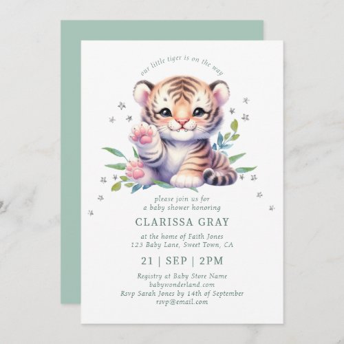Cute Animal Tiger Stars White Green Baby Shower Invitation