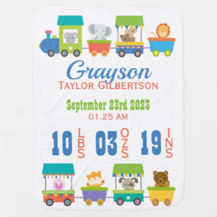 Cute Animal Train Baby Birth Announcement Baby Blanket