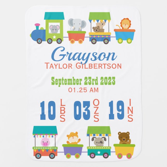 Cute Animal Train Baby Birth Announcement Baby Blanket (Front)
