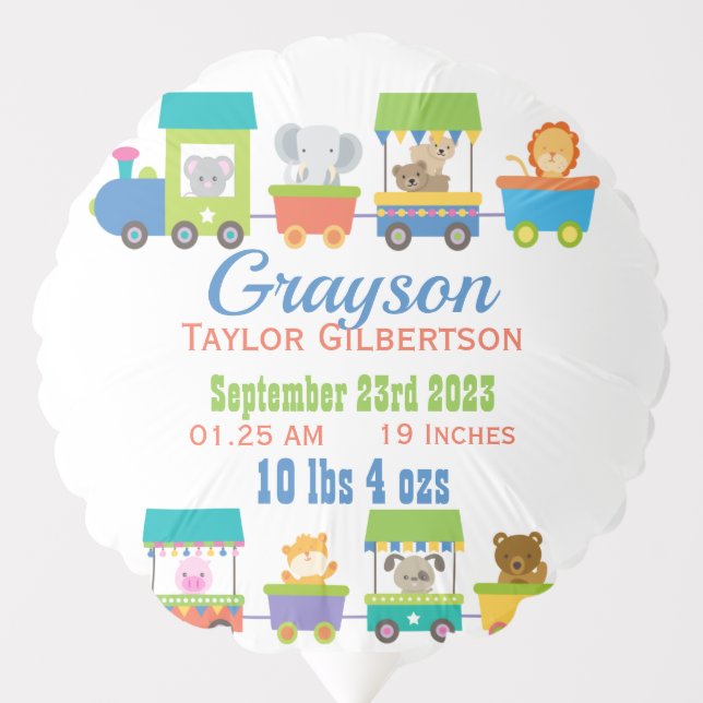Cute Animal Train Baby Birth Announcement Balloon (Front)